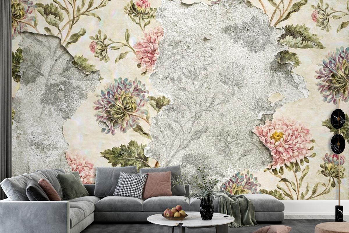 Peeling Floral Wallpaper On Concrete Wallpaper Mural