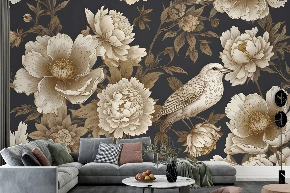 Peony Flowers With Bird Wallpaper Mural