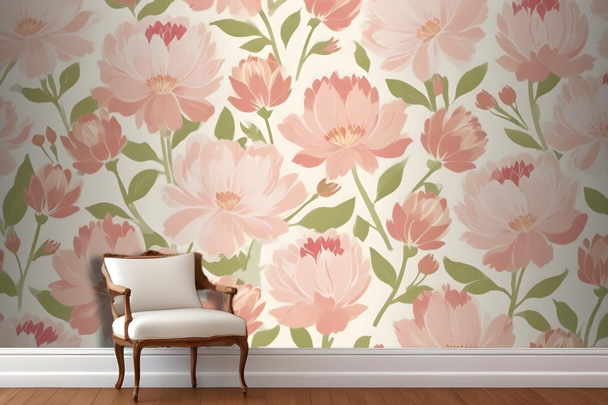 Pink And Peach Flowers With Green Leaves On A Light Wallpaper Mural