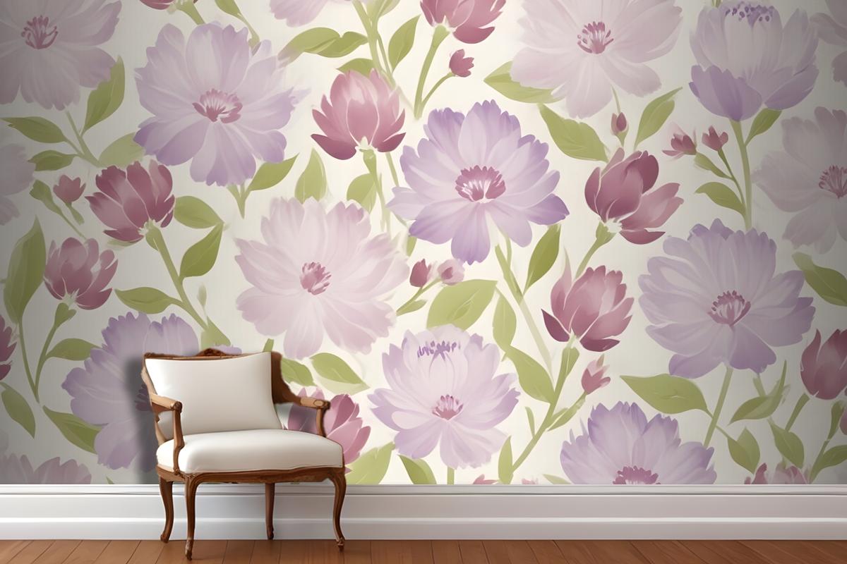 Pink And Purple Flowers With Green Leaves On A Light Wallpaper Mural