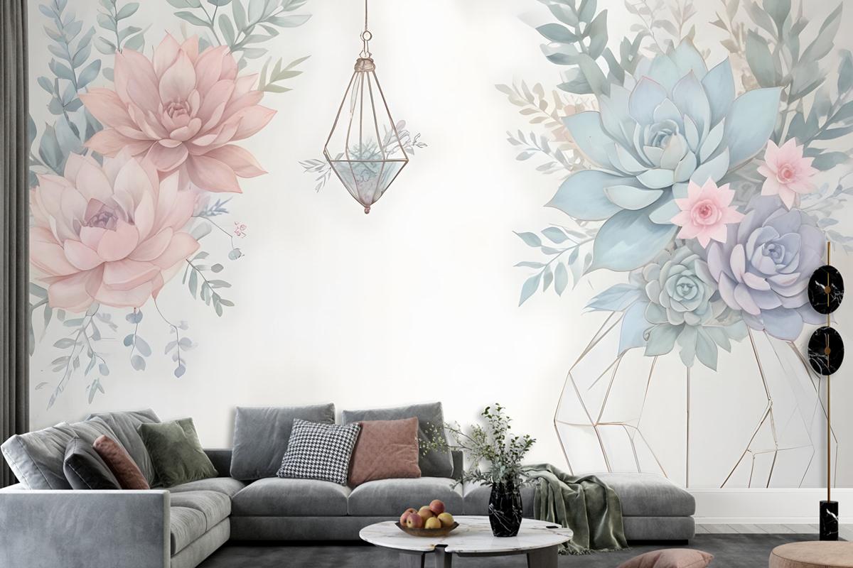 Pink Blue Soft Floral Wallpaper Mural