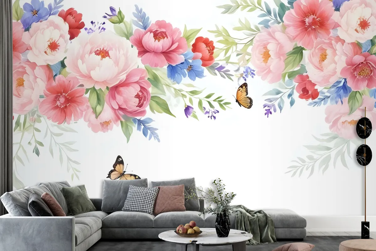 Pink Boho Vine Florals Wallpaper Mural