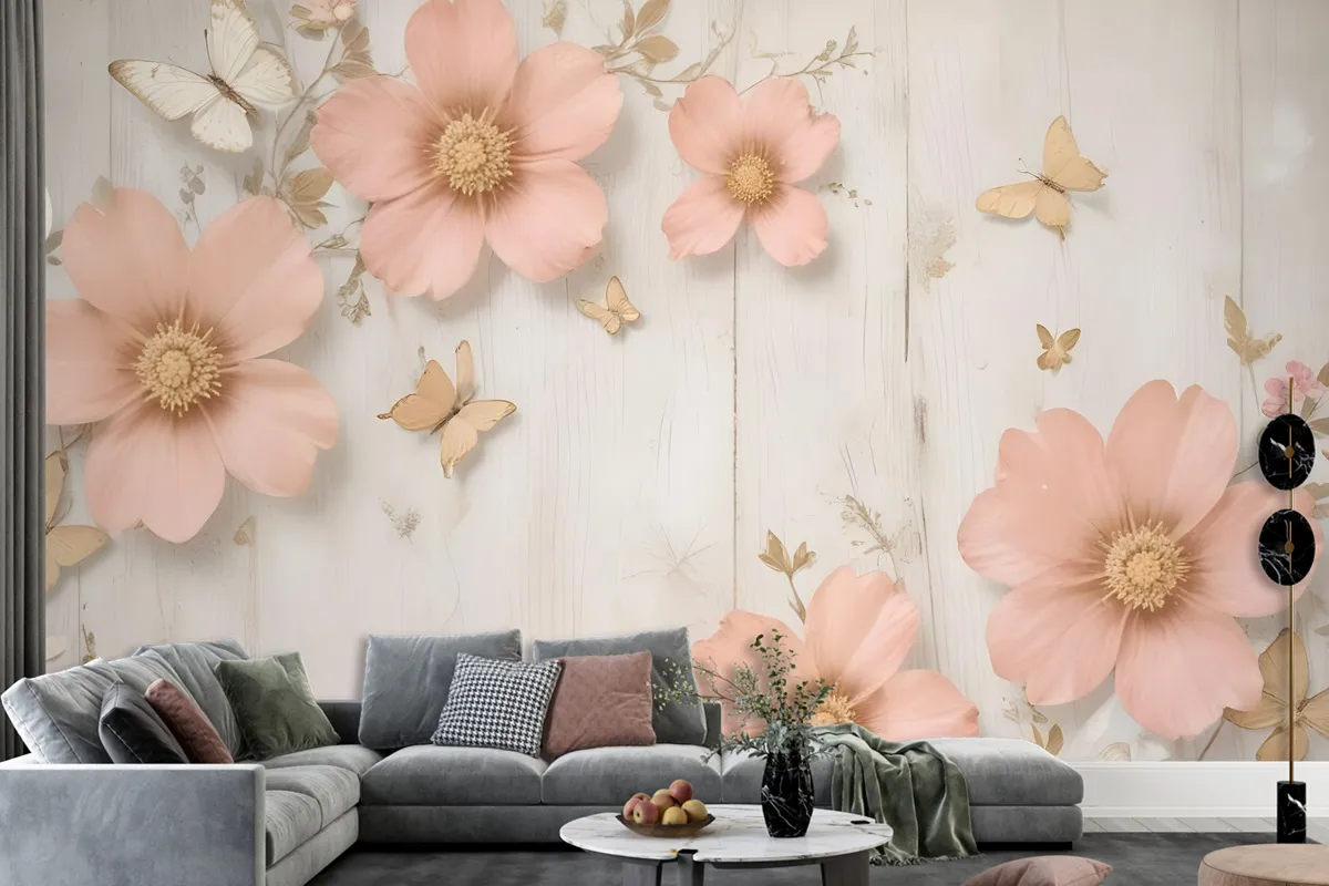 Pink Diamond Daisy With Butterflies Wallpaper Mural