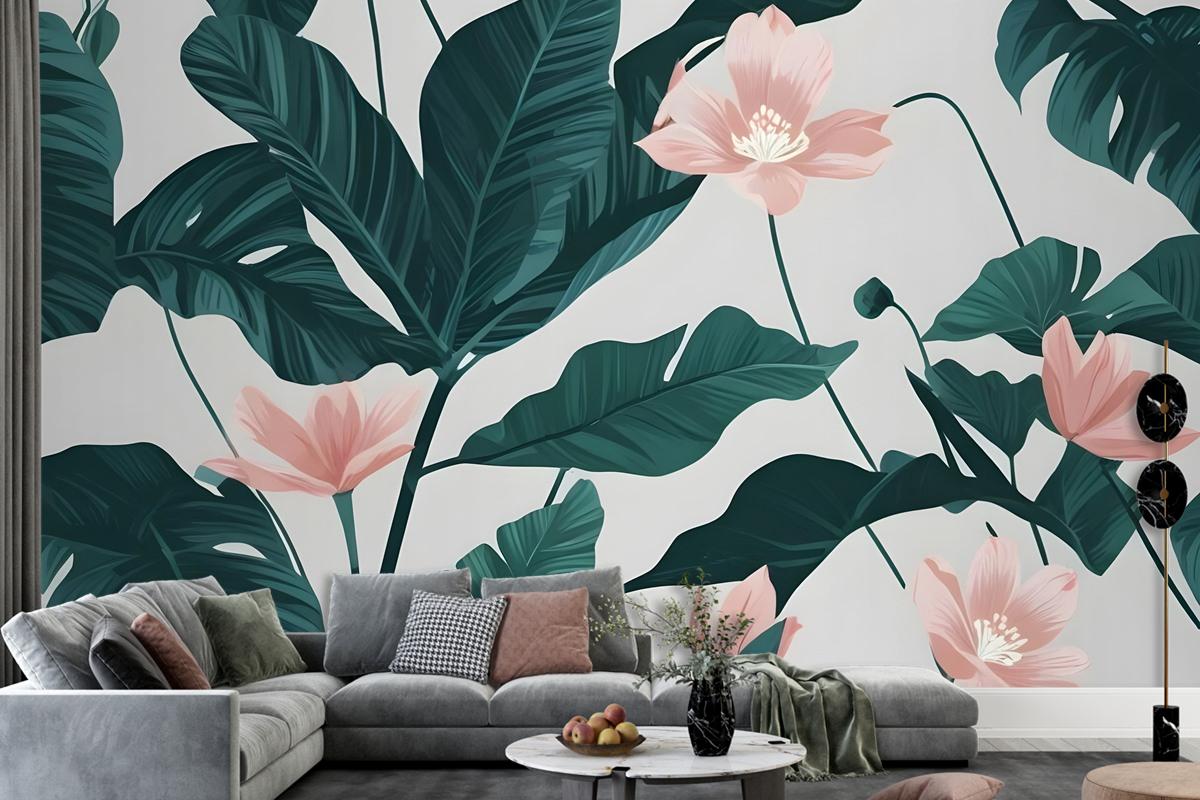 Pink Flower And Leaves Wallpaper Mural