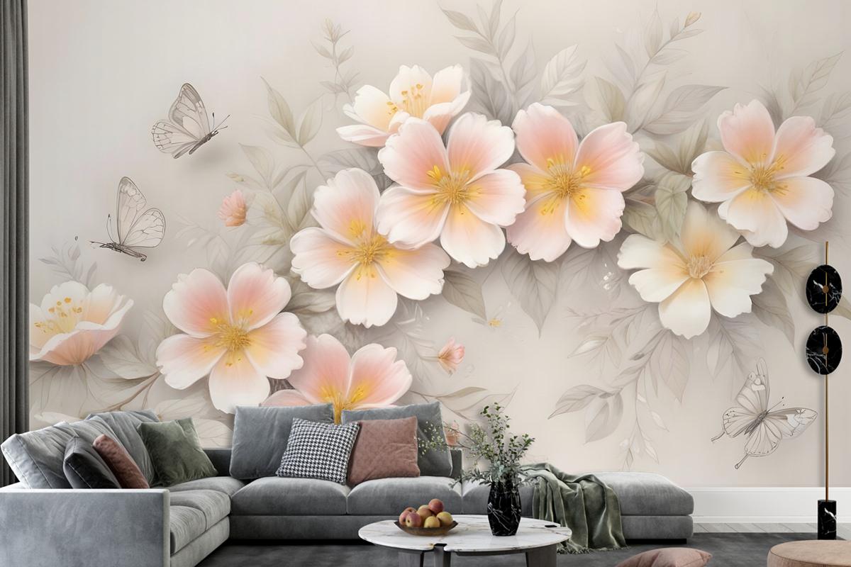 Pink Flower And White Butterfly Wallpaper Mural