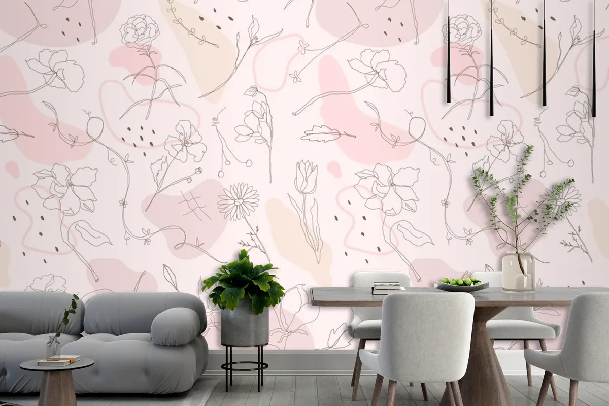 Pink Flower Pattern Wallpaper Hand Drawn Style Wallpaper Mural