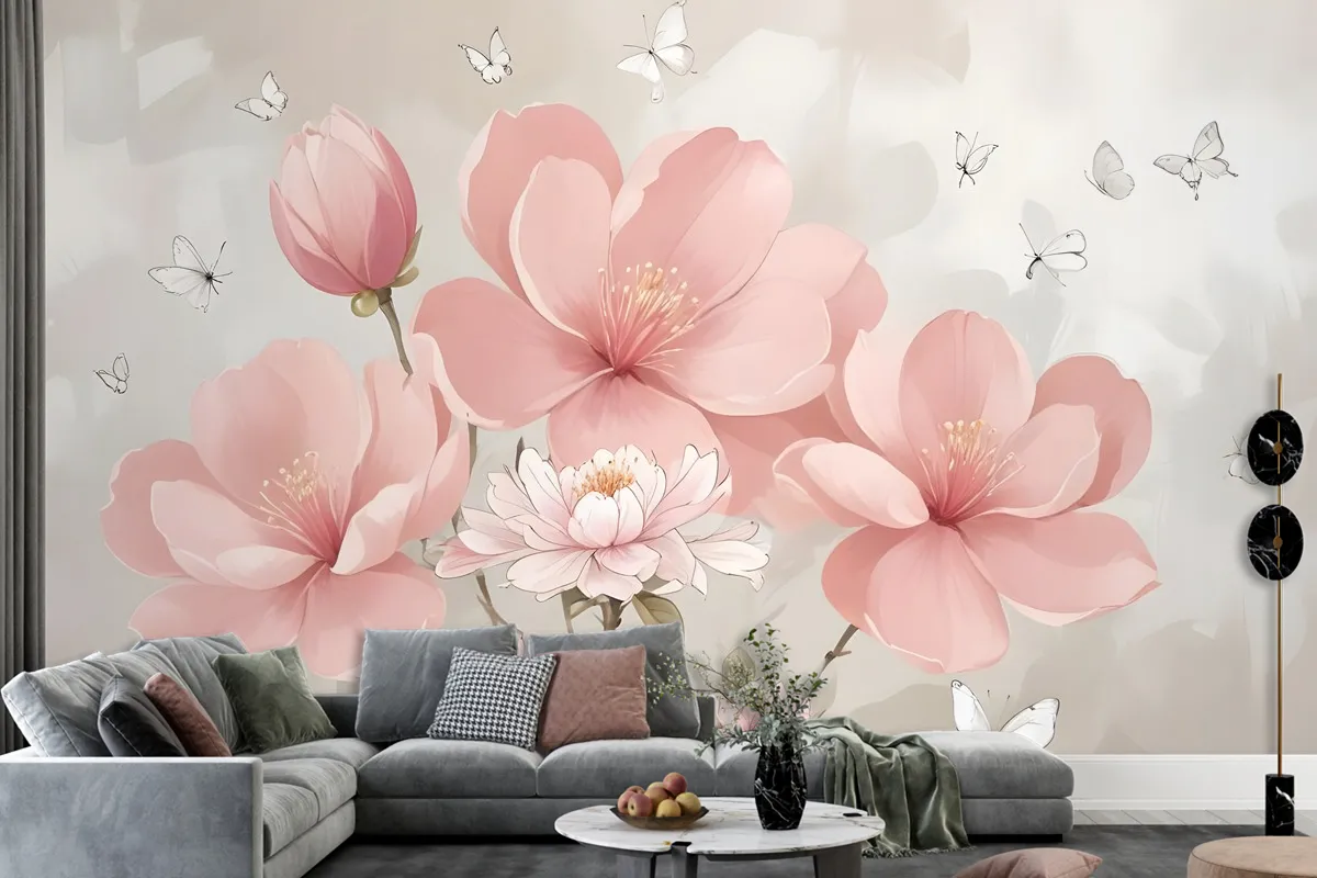 Pink Hdrangea Floral With Little Butterfly Wallpaper Mural