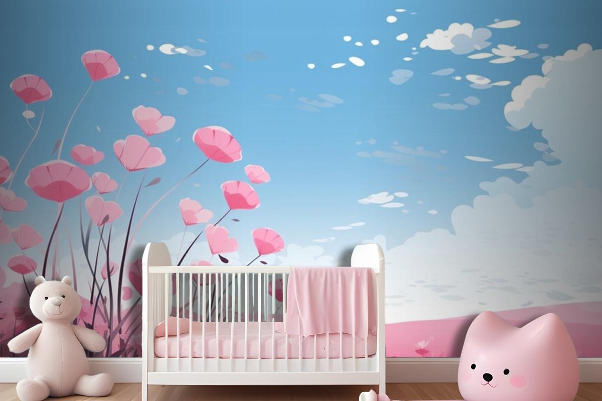 Pink Hearts In The Sky With Flowers And Clouds Wallpaper Mural