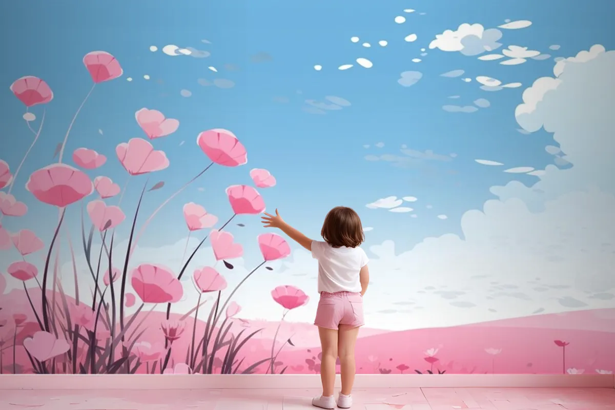 Pink Hearts In The Sky With Flowers And Clouds Wallpaper Mural