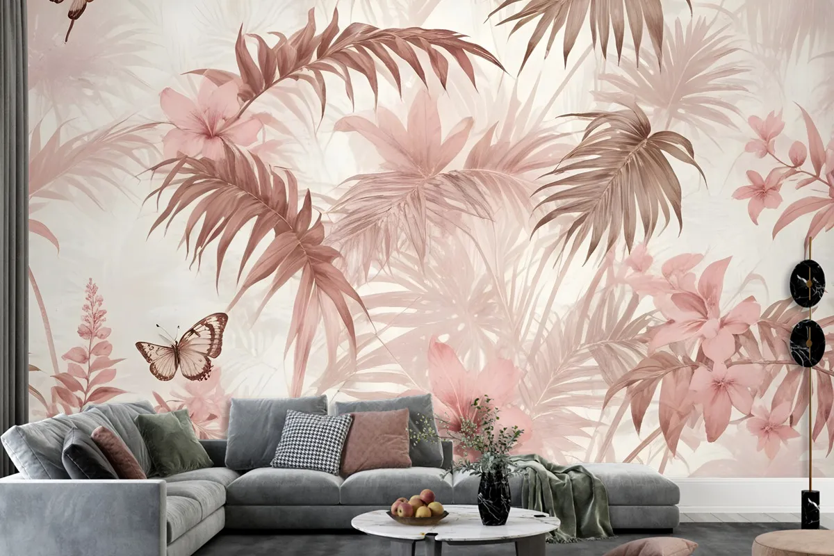 Pink Leaf And Blossom Wallpaper Mural