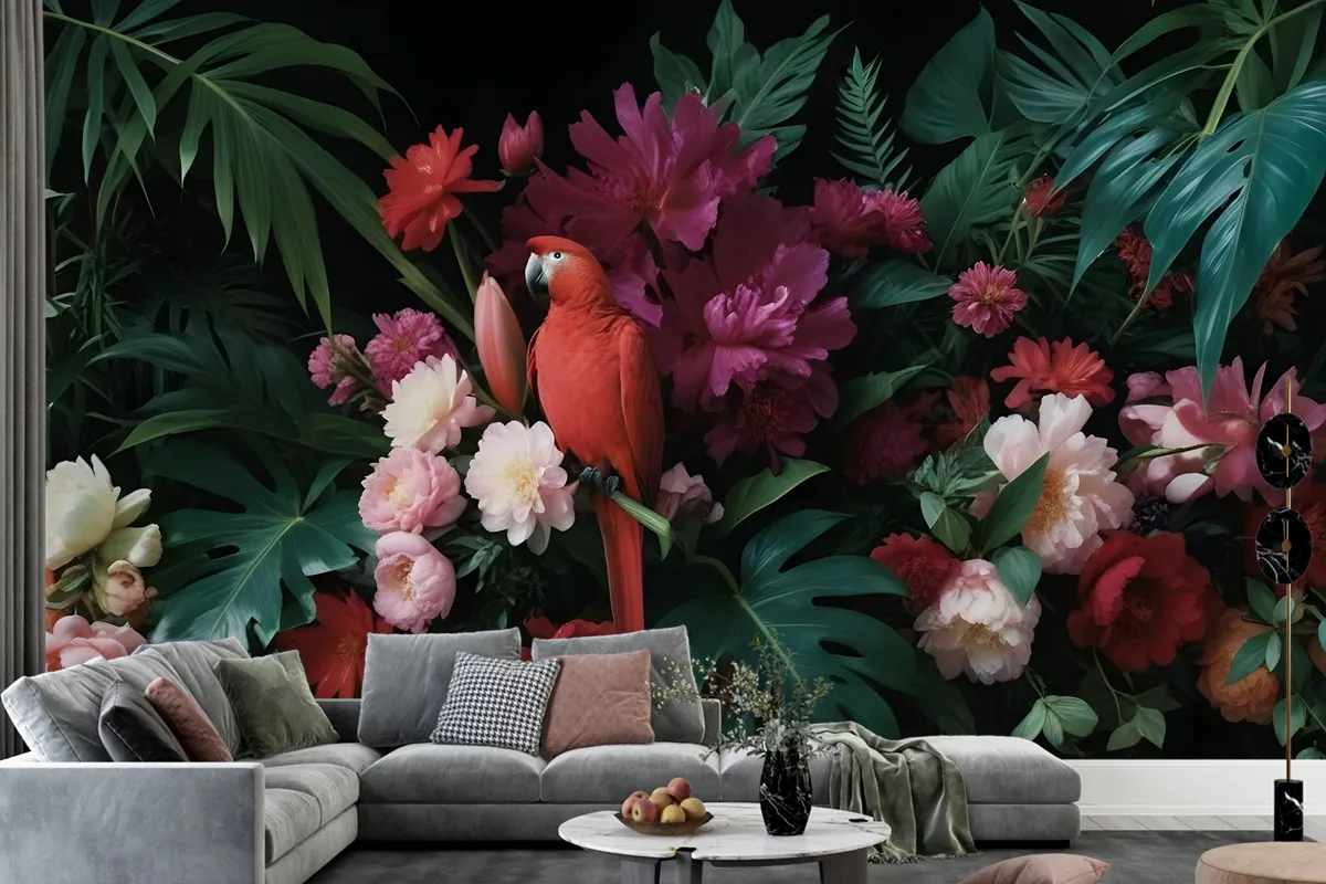 Red Parrot With Colorful Floral Wallpaper Mural