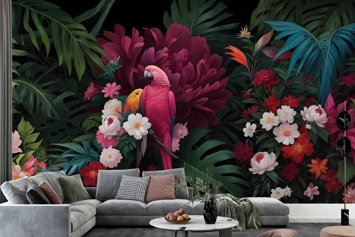 Pink Parrot With Colorful Floral Wallpaper Mural