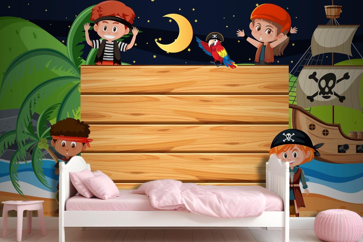 Pirate Kids At The Beach Night Scene With An Empty Wooden Wallpaper Mural