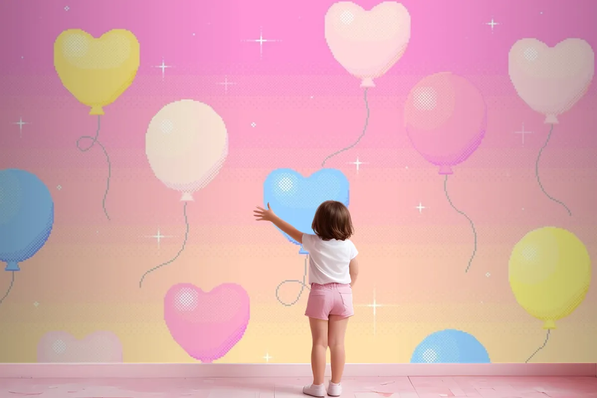 Pixel Art Background Of Balloons Flying In The Dreamy Sky Wallpaper Mural