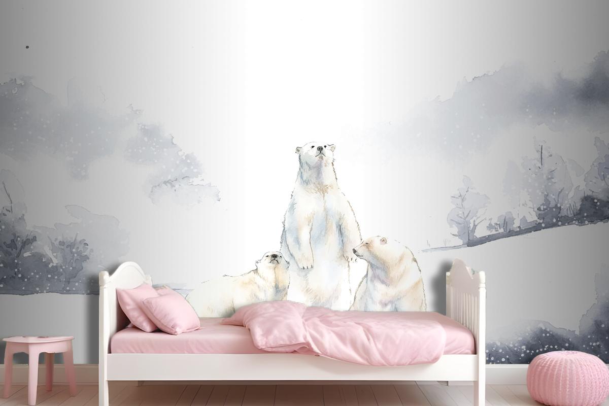 Polar Bears In The Snow Watercolor Wallpaper Mural