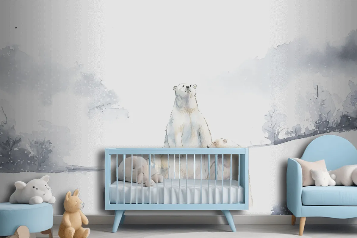 Polar Bears In The Snow Watercolor Wallpaper Mural