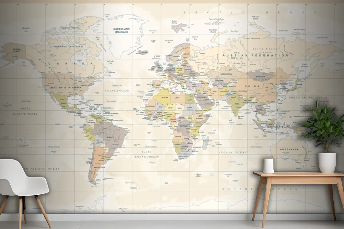 Political Physical Topographic Colored World Map Wallpaper Mural