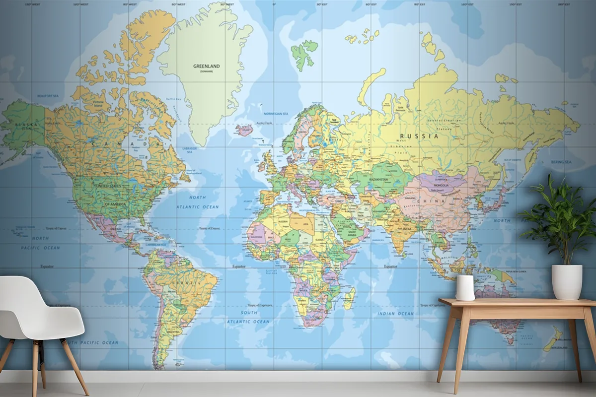 Political World Map In Mercator Projection Wallpaper Mural