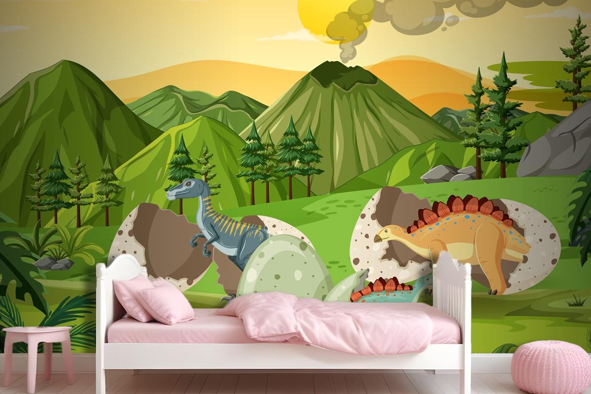 Prehistoric Forest With Dinosaur Cartoon Kids Wallpaper Mural