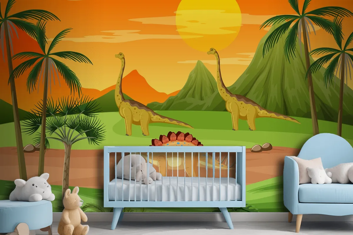 Prehistoric Forest With Dinosaur Cartoon Wallpaper Mural