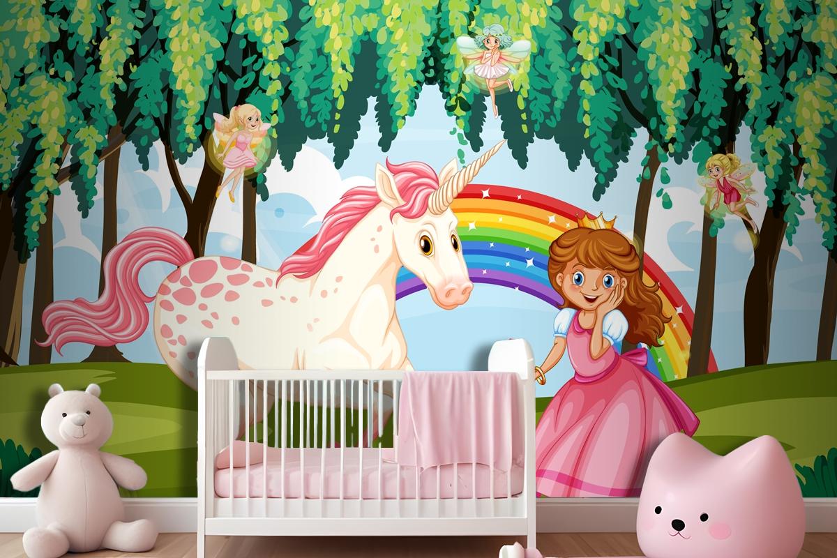 Princess And Unicorn In Enchanted Forest Background Wallpaper Mural