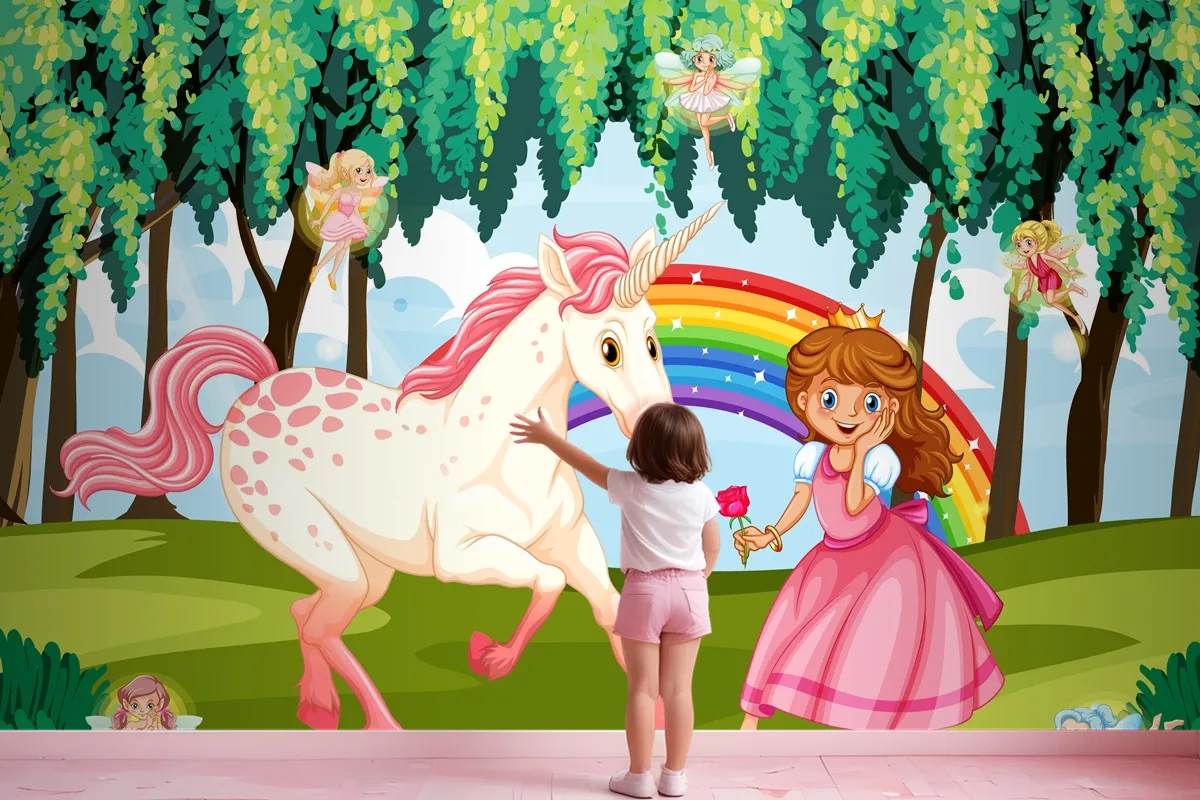 Princess And Unicorn In Enchanted Forest Background Wallpaper Mural