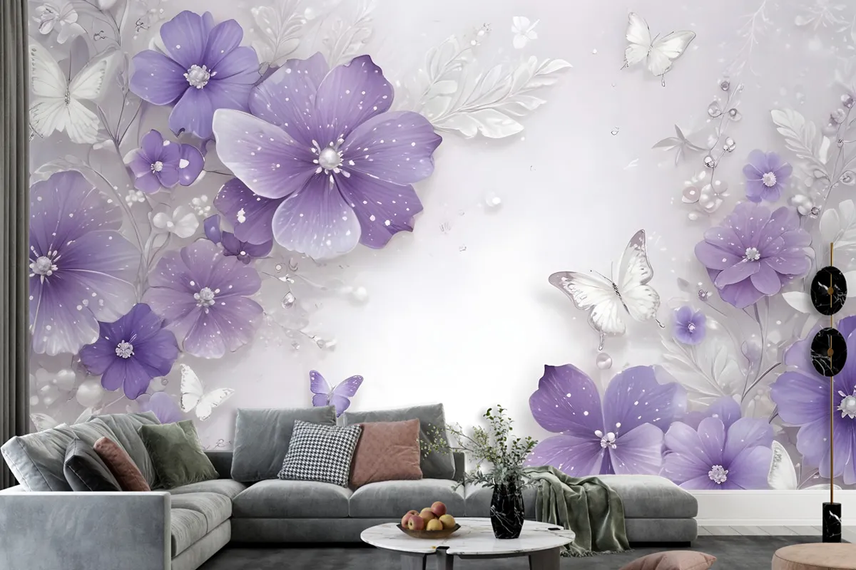 Purple Swarovski Floral With Little Butterfly Wallpaper Mural