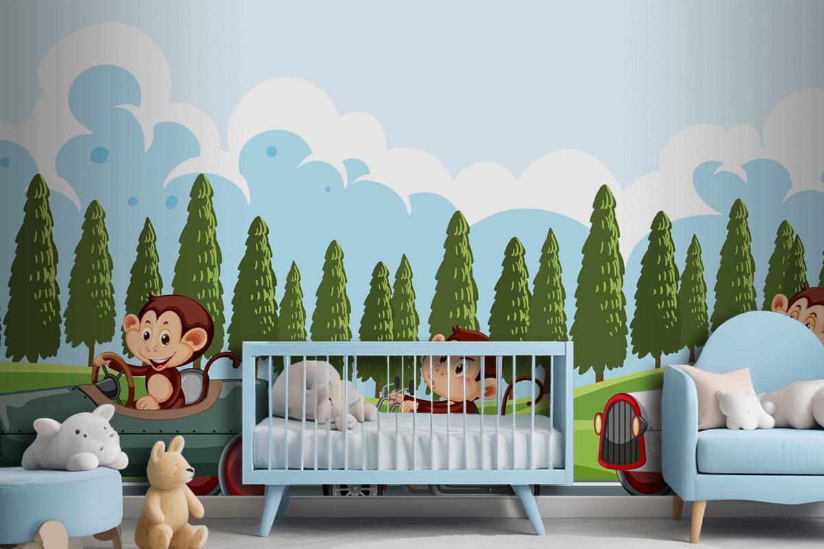 Race Track Scene With Monkey Racing Drivers Wallpaper Mural