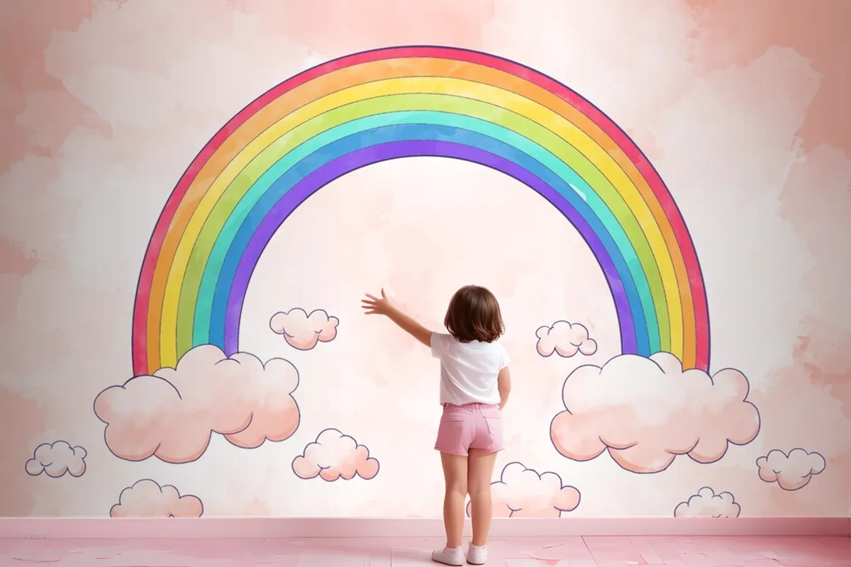 Rainbow With Clouds Watercolor Style Wallpaper Mural