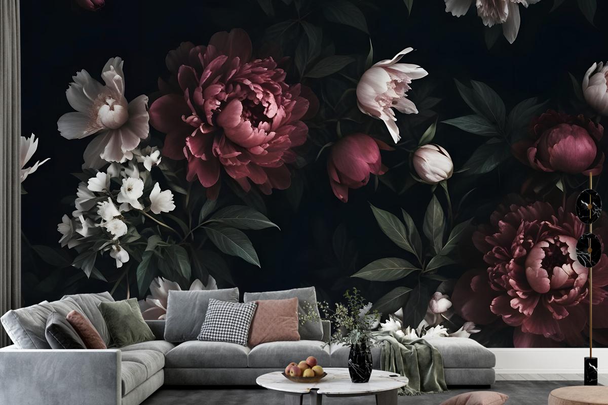 Realistic Dark Peony Floral Bouquet Wallpaper Mural