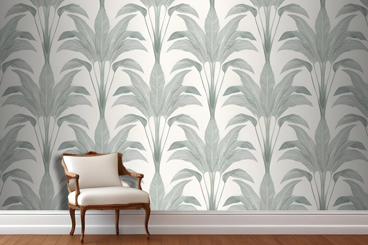 Repeating Pattern Of Large Green Palm Leaves Or Fronds Against A Light Gray Wallpaper Mural