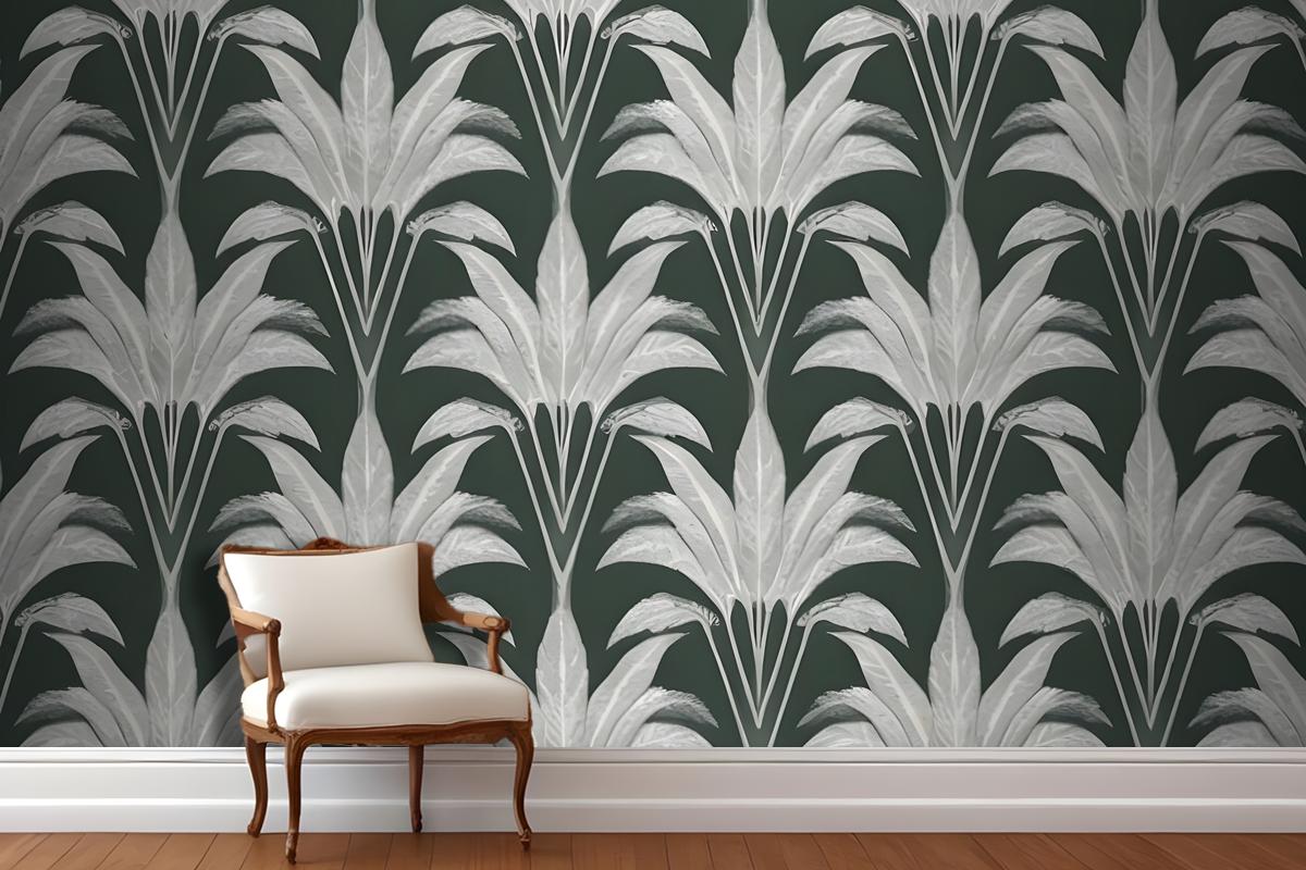 Repeating Pattern Of Leaflike Shapes In Shades Of Gray And White Against A Dark Green Wallpaper Mural