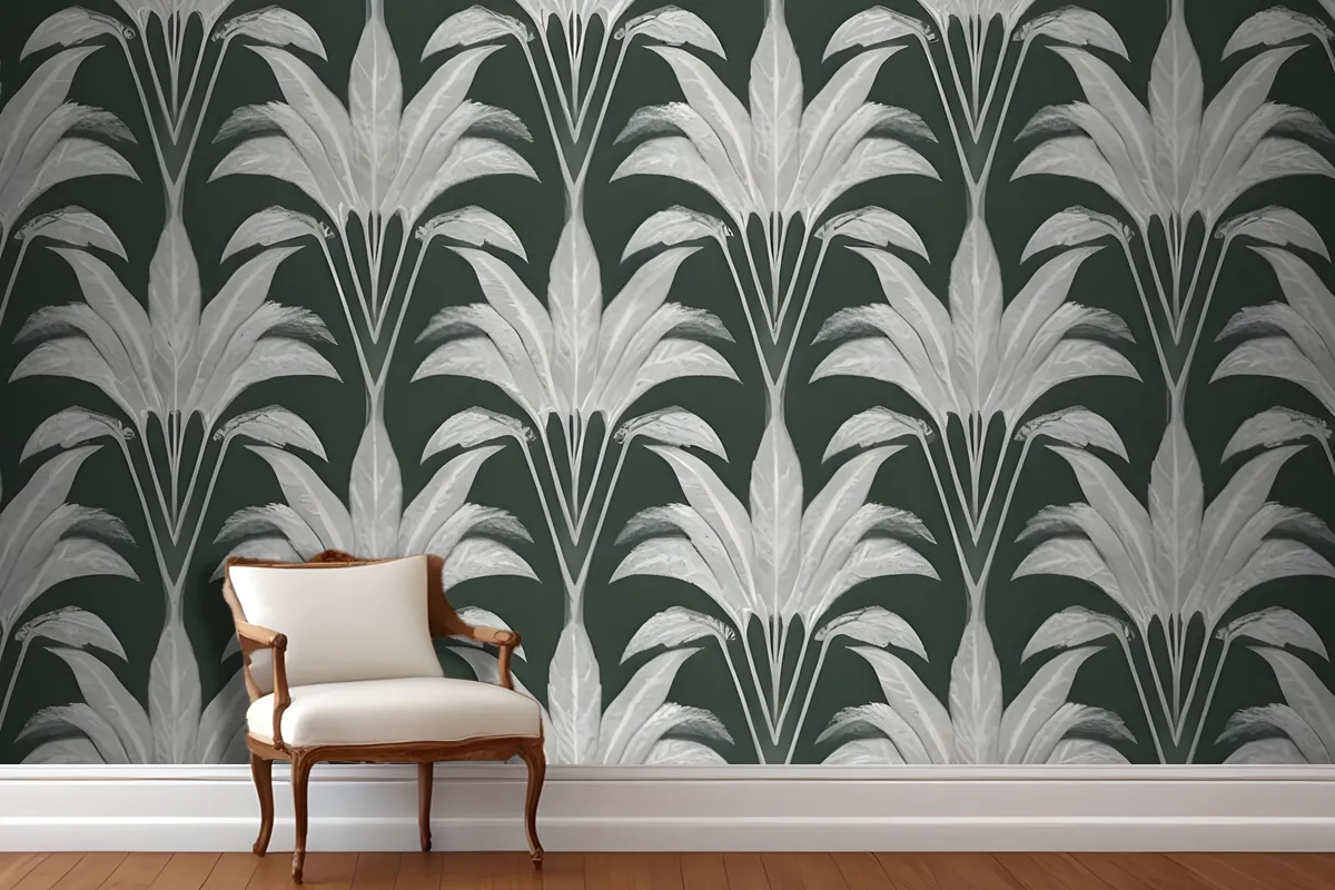 Repeating Pattern Of Leaflike Shapes In Shades Of Gray And White Against A Dark Green Wallpaper Mural