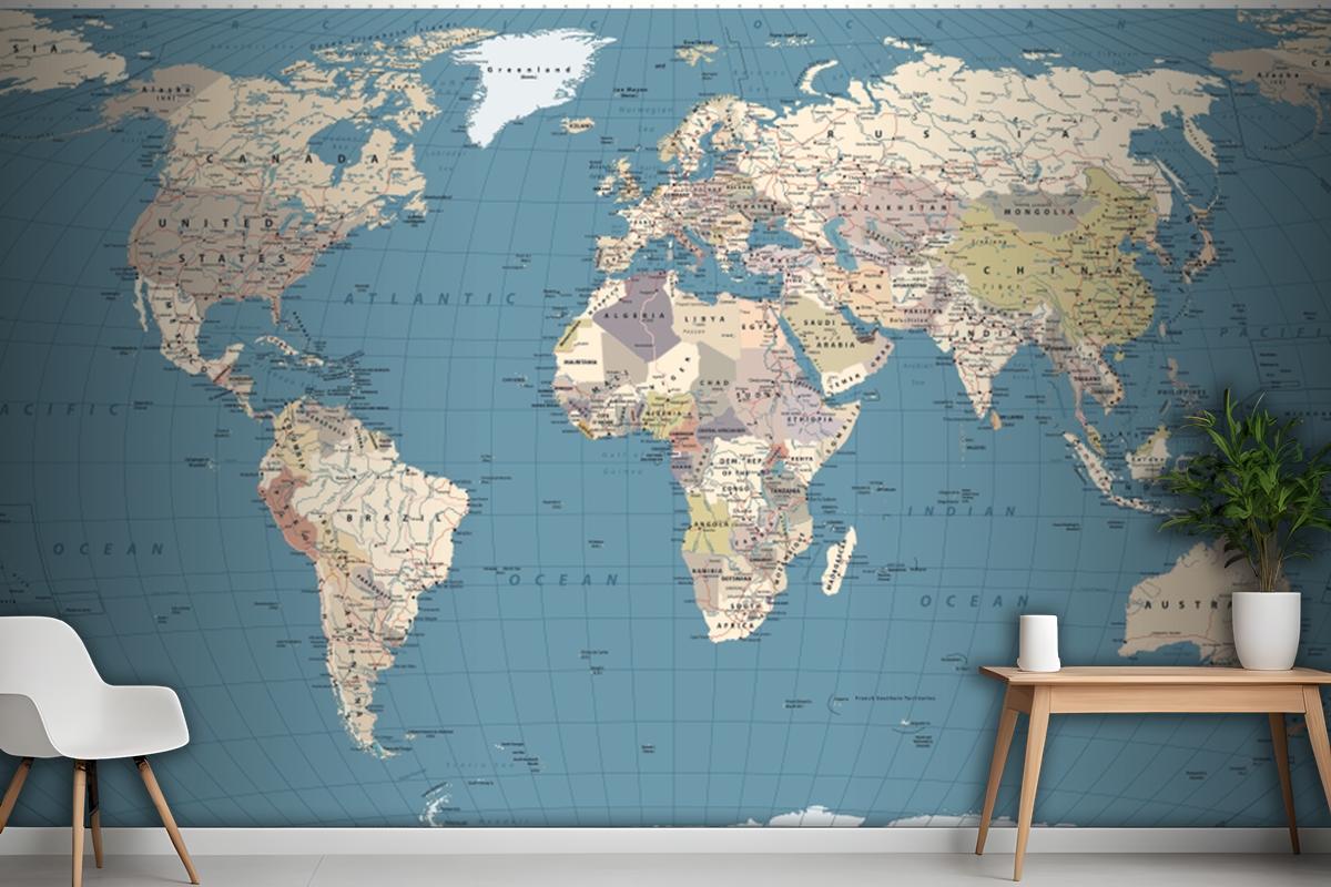 Retro Color World Map Borders Countries Roads And Cities Wallpaper Mural