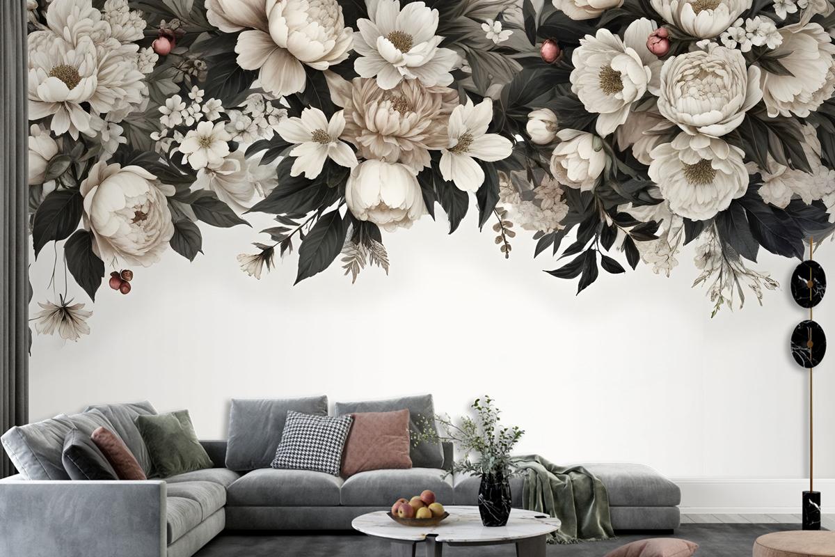 Retro Dark White Flowers Wallpaper Mural