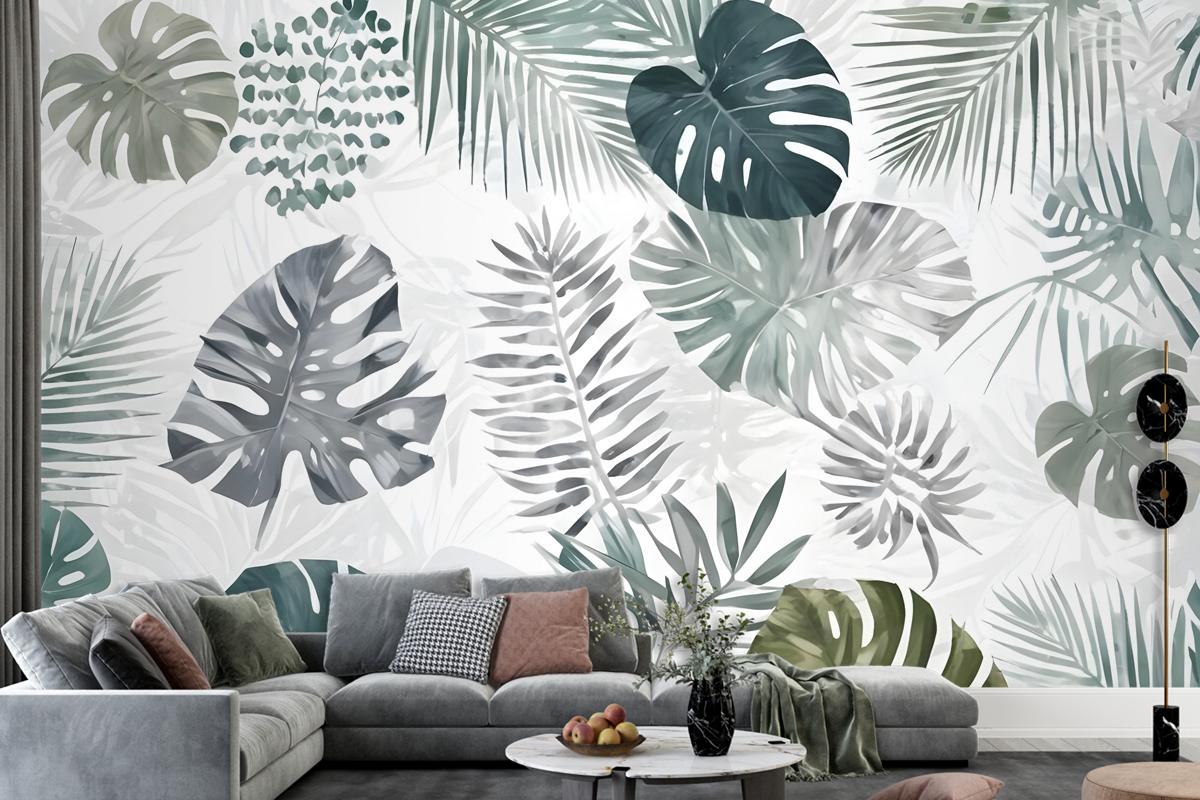 Retro Tropical Leaf Pattern Wallpaper Mural