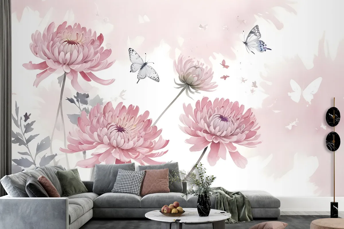 Retro Watercolor Pink Dandelion Flower Art Wallpaper Mural