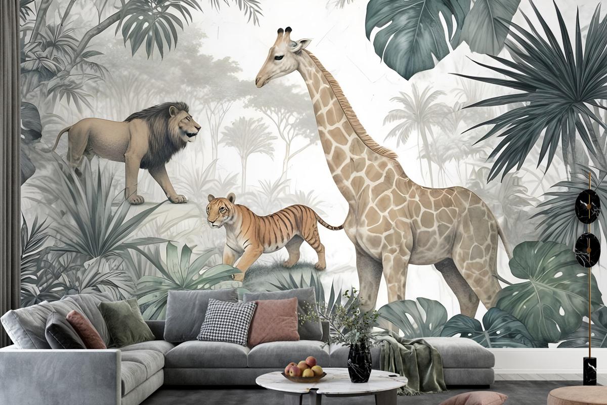 Retro Wild Animals With Tropical Leaves Wallpaper Mural