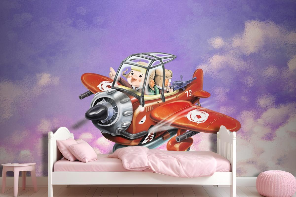 Riding A Red Plane Fly In The Sky Two Aviators Wallpaper Mural