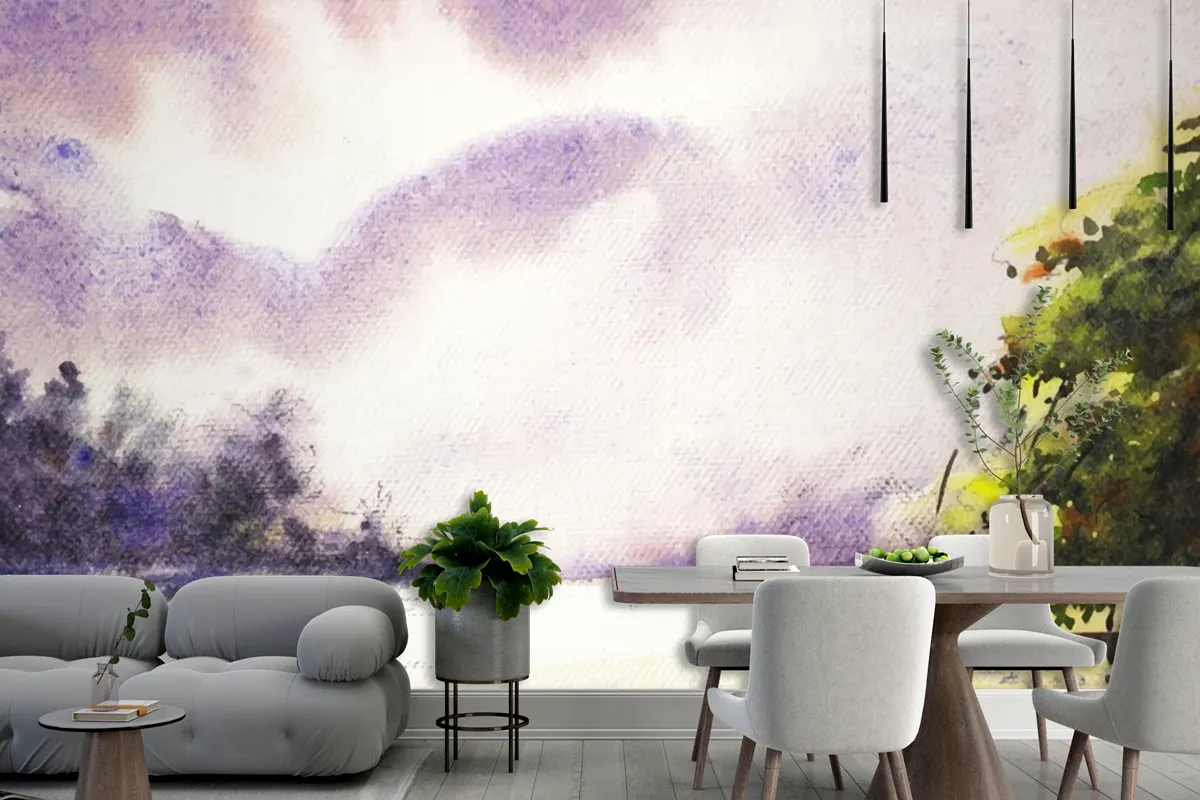 River And Life Hand Paint Watercolor Art Wallpaper Mural