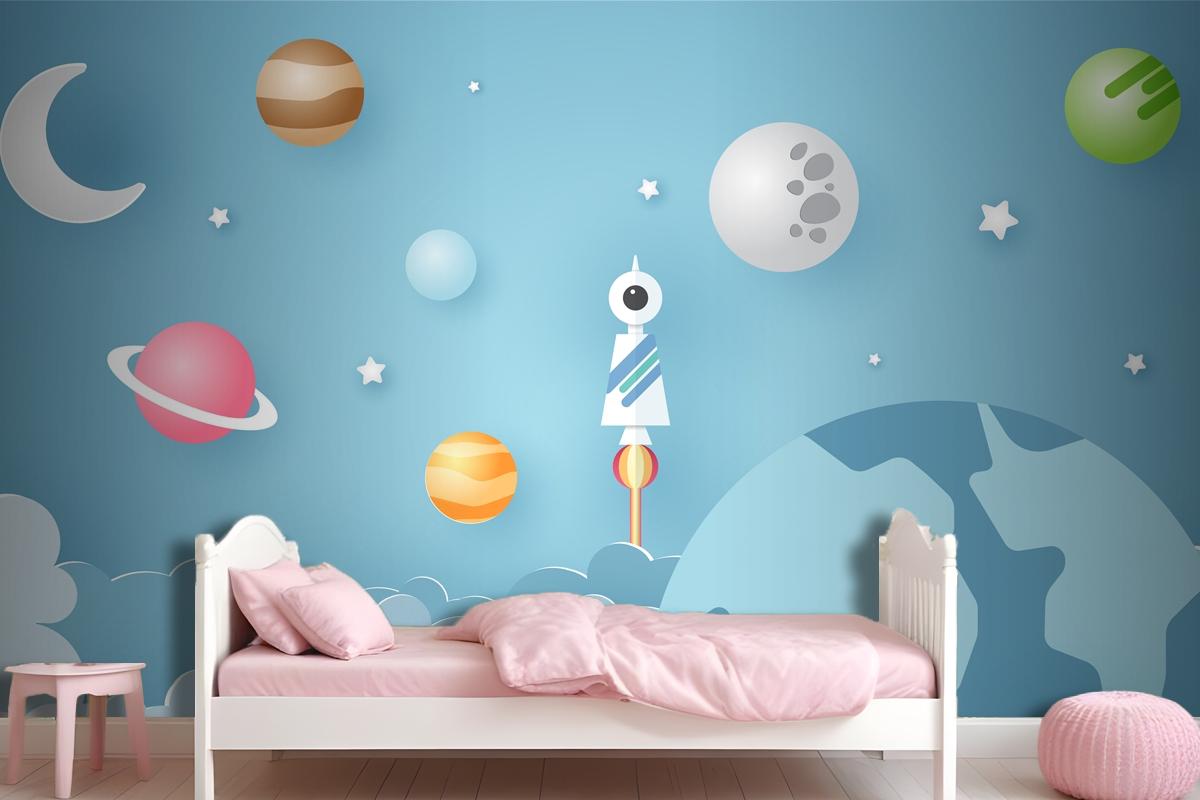 Rocket Is Surrounded By Various Celestial Objects Such As Planets Wallpaper Mural