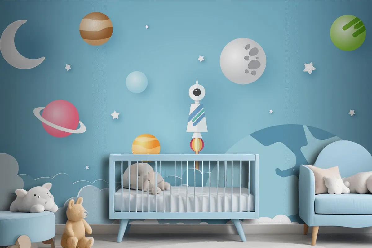 Rocket Is Surrounded By Various Celestial Objects Such As Planets Wallpaper Mural