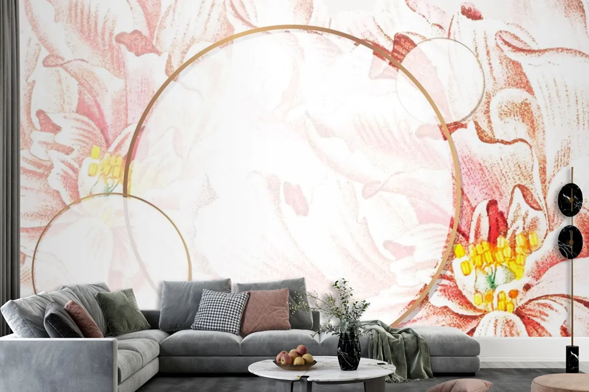 Round Floral Peony Frame Wallpaper Mural