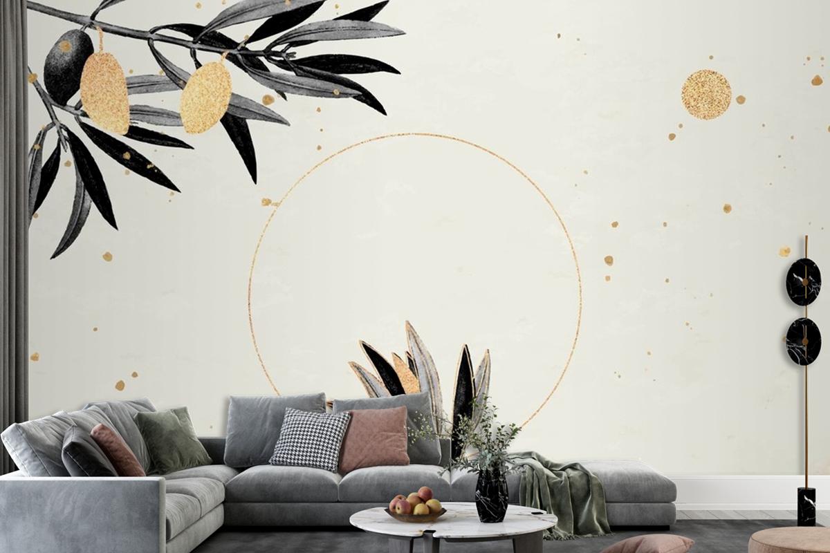 Round Gold Frame With Olive Branches Wallpaper Mural