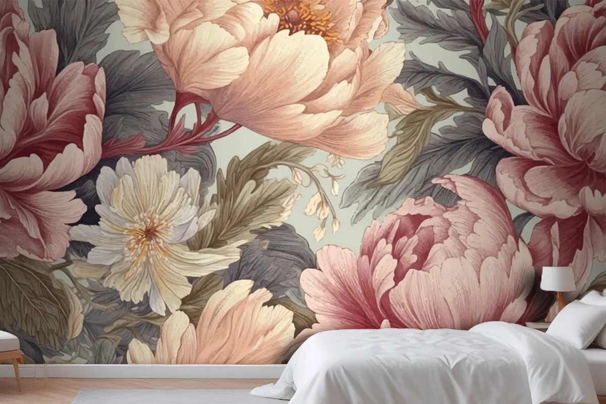 Seamless Boho Floral Pattern With Pink Peony Flowers Wallpaper Mural