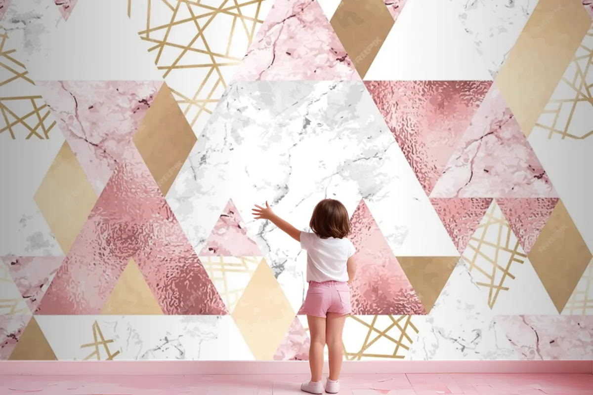 Seamless Geometric Pattern With Metallic Lines Rose Gold Gray And Pink Marble Triangles Wallpaper Mural