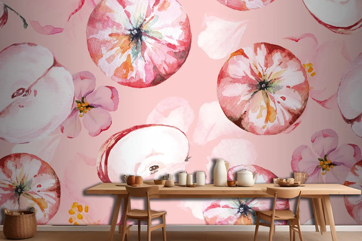 Seamless Pattern Apple And Flower Painted Wallpaper Mural