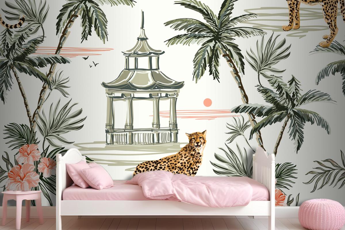 Seamless Pattern Background With Coconut Palm Trees Leopard Wallpaper Mural