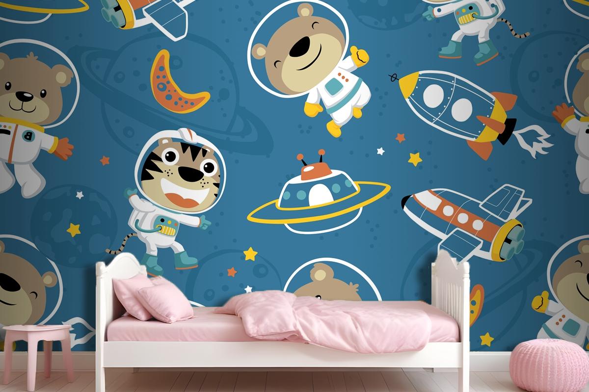 Seamless Pattern Of Funny Astronaut In Outer Space Transportation Wallpaper Mural