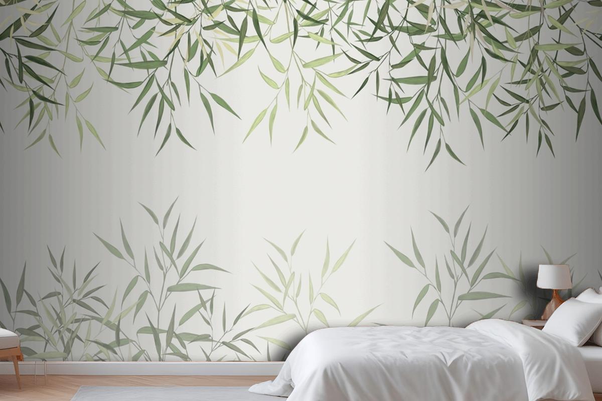 Seamless Pattern Of Reed Bamboo Leaves On A Light Background Wallpaper Mural